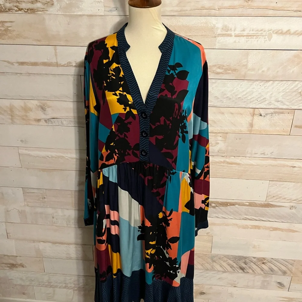 Anthropologie Multicolor Patchwork V-Neck Mini Dress - Picture 4 of 12